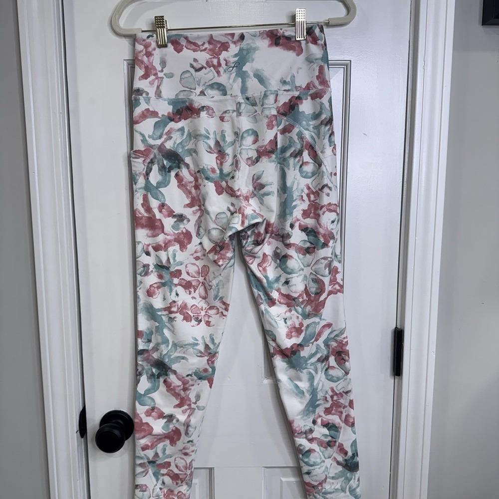 Freely Floral Leggings Womens Medium Pink Blue High Rise Yoga Pants Pockets - Picture 4 of 9